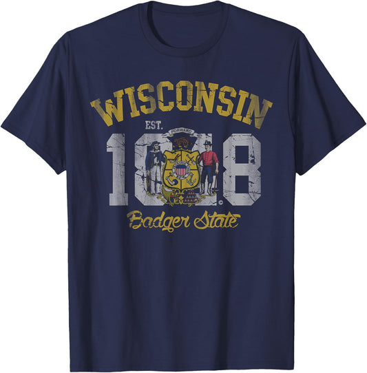 Wisconsin Badger State Flag Vintage Fade T-Shirt - T-Shirt | Navy