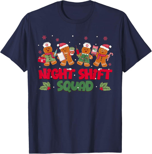 Nurse Christmas Night Shift Squad Gingerbread RN ER ED T-Shirt - T-Shirt | Navy