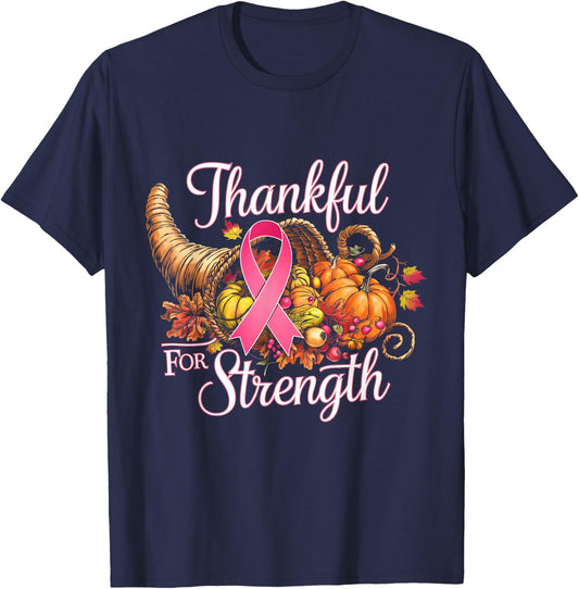 Thankful for Strength Thanksgiving Breast Cancer Awareness T-Shirt - T-Shirt | Navy