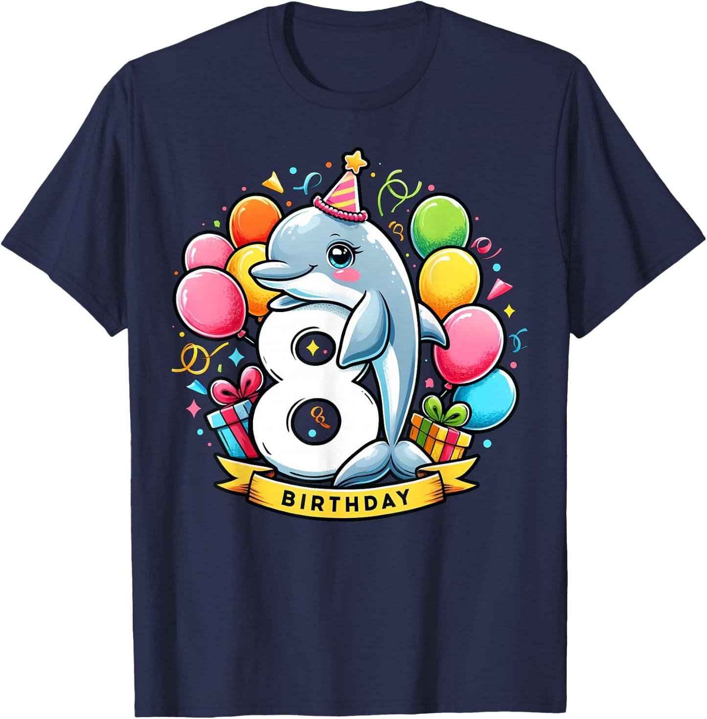 Dolphin 8th birthday boy girl 8 years old eight Dolphin T-Shirt - T-Shirt | Navy