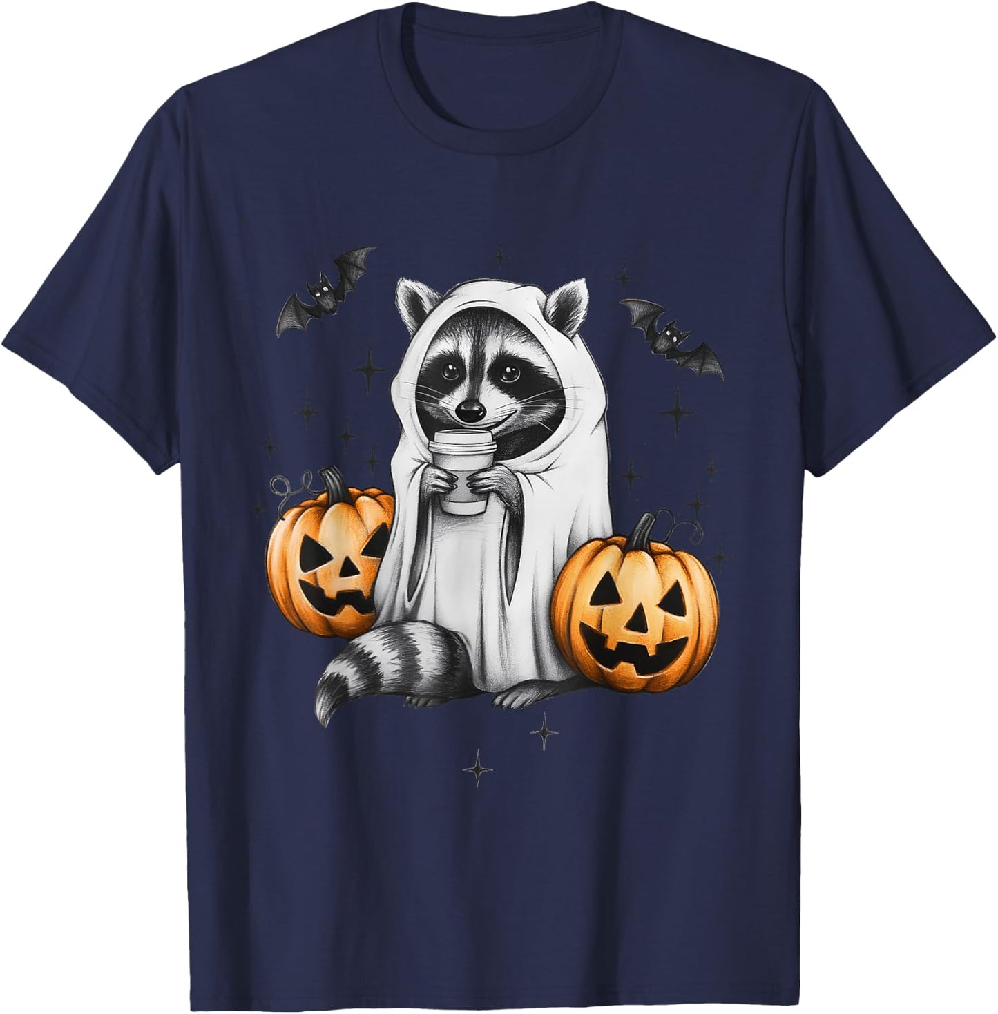 Cute Ghost Raccoon Pumpkin Halloween Raccoon T-Shirt - T-Shirt | Navy