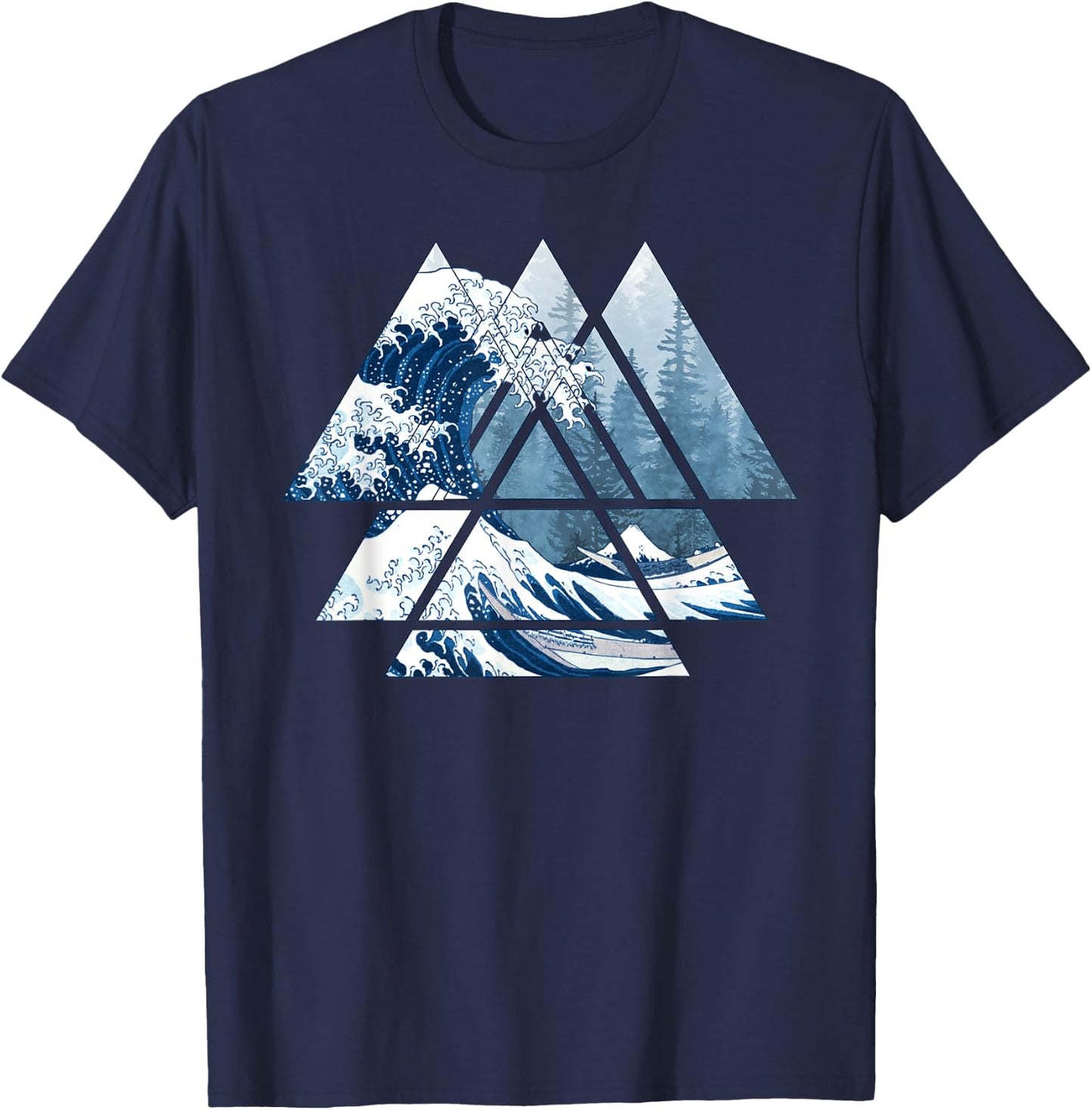 The Great Sacred Geometry Triangles - Misty Forest Wave T-Shirt - T-Shirt | Navy