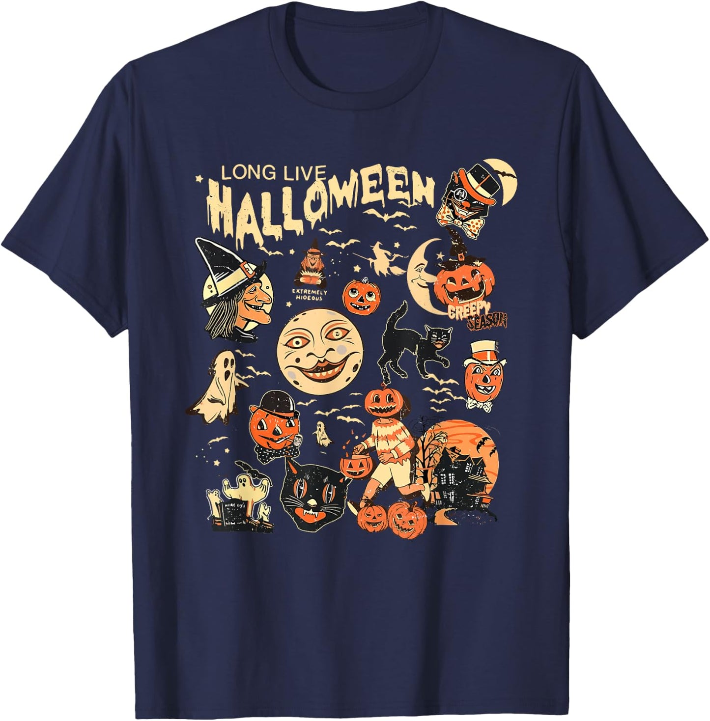 Long Live Halloween Funny Pumpkin Bat Halloween Black Cat T-Shirt - T-Shirt | Navy