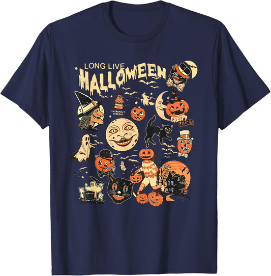 Long Live Halloween Funny Pumpkin Bat Halloween Black Cat T-Shirt - T-Shirt | Navy