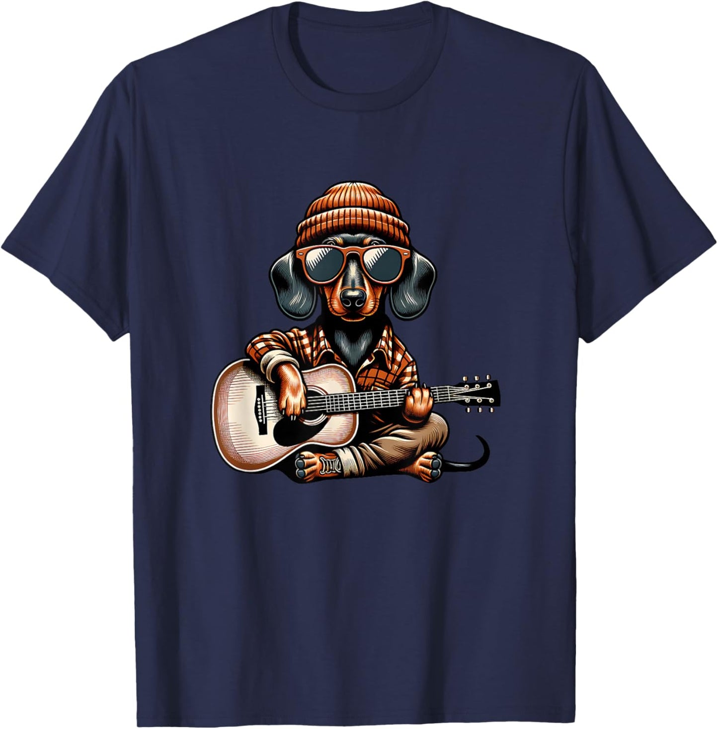 Cool Dachshund Playing Acoustic Guitar with Sunglasses T-Shirt - T-Shirt | Navy