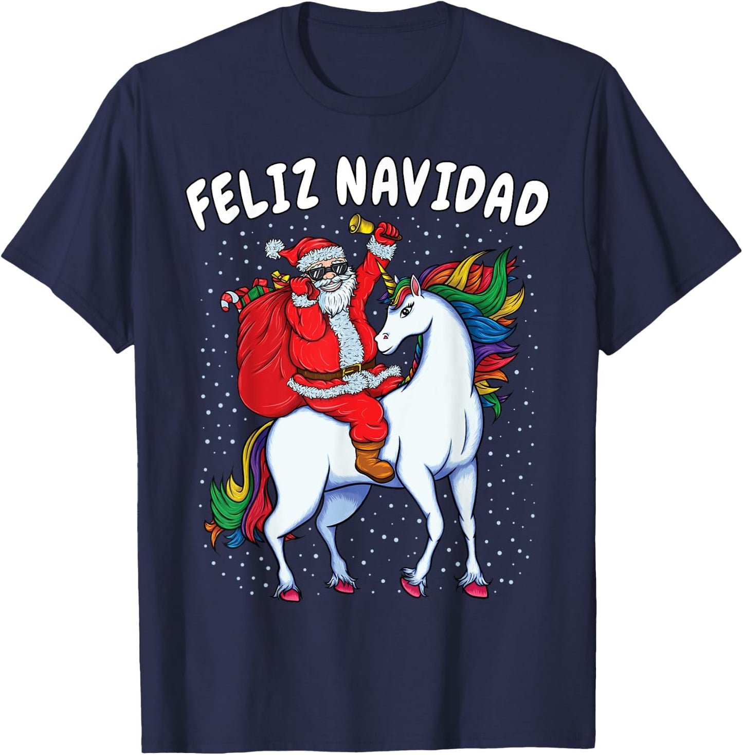 Santa Riding Unicorn Spanish Christmas Gift Feliz Navidad T-Shirt - T-Shirt | Navy