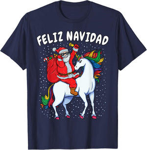 Santa Riding Unicorn Spanish Christmas Gift Feliz Navidad T-Shirt - T-Shirt | Navy