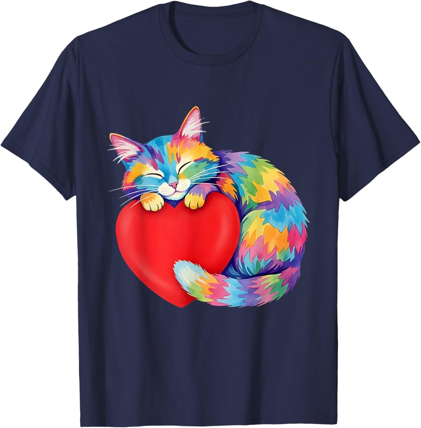 Color Rainbow Cute Cat Hug Valentine Heart Kitten Love T-Shirt - T-Shirt | Navy