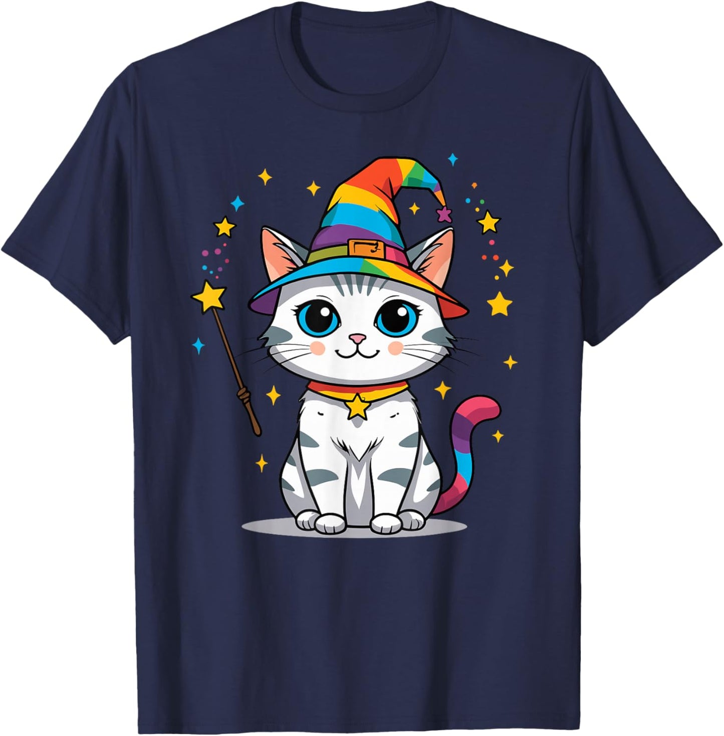 Cute Kawaii Wizard Cat Rainbow Witch Magic T-Shirt - T-Shirt | Navy