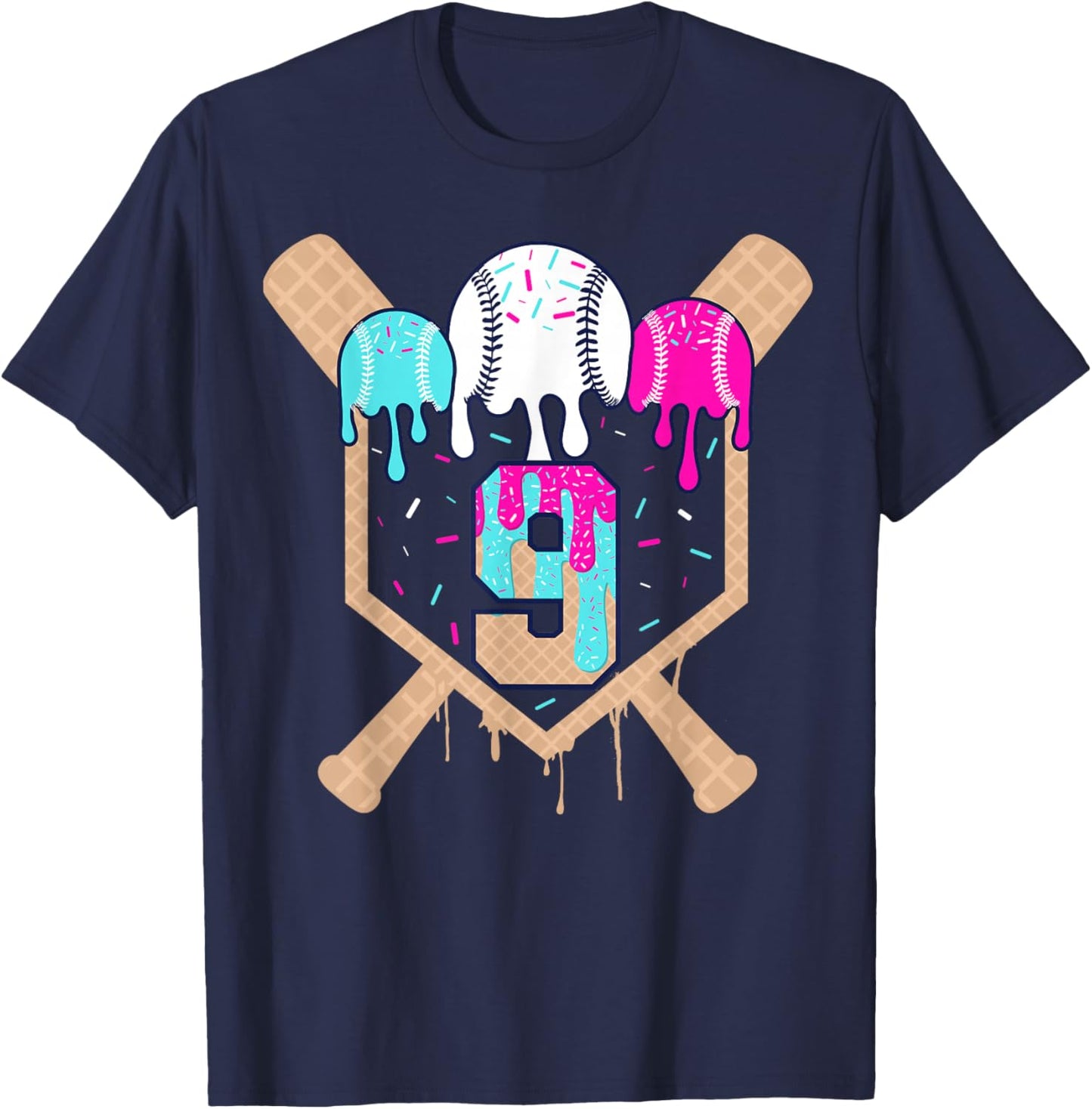 Baseball 9 Year Old Ice Cream Drip 9th Birthday Boy Number 9 T-Shirt - T-Shirt | Navy