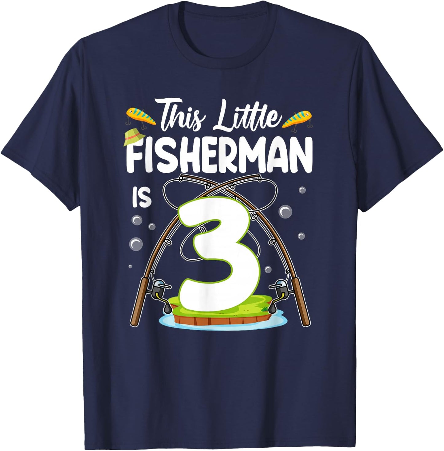 This Little Fisherman Is 3 Year Old Birthday 3rd Fishing T-Shirt - T-Shirt | Navy