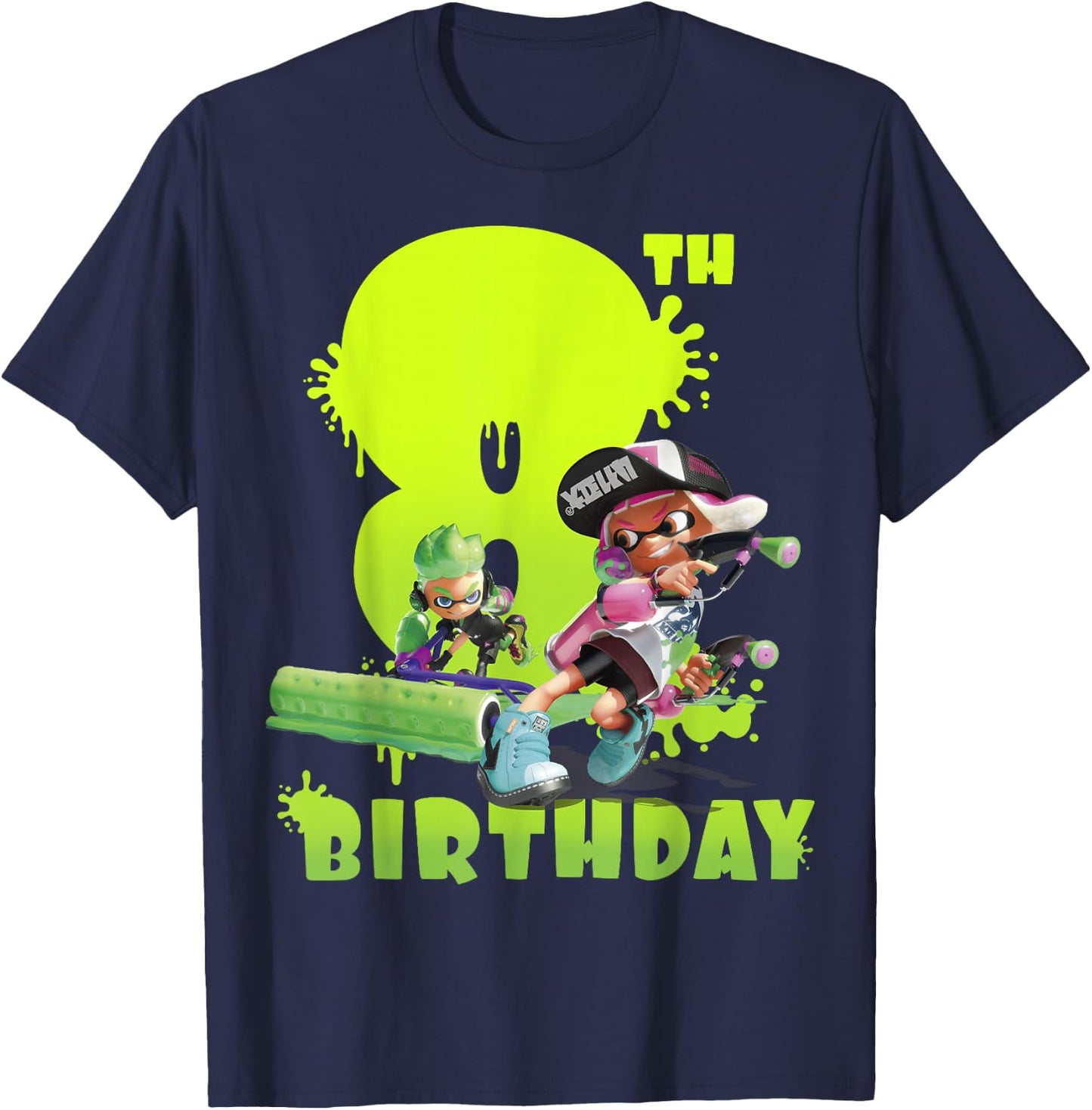 Splatoon Inkling 8th Birthday Green Splatter Portrait T-Shirt - T-Shirt | Navy