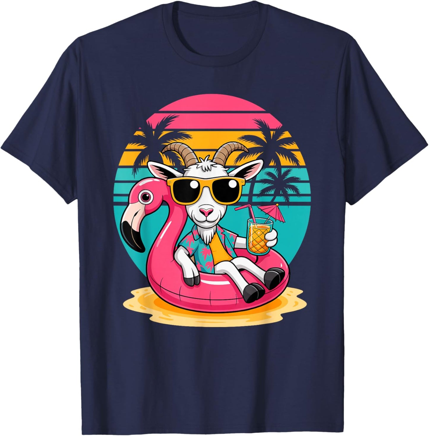 Goat Sunglasses Beach Summer Vacation Pool Float Flamingo T-Shirt - T-Shirt | Navy