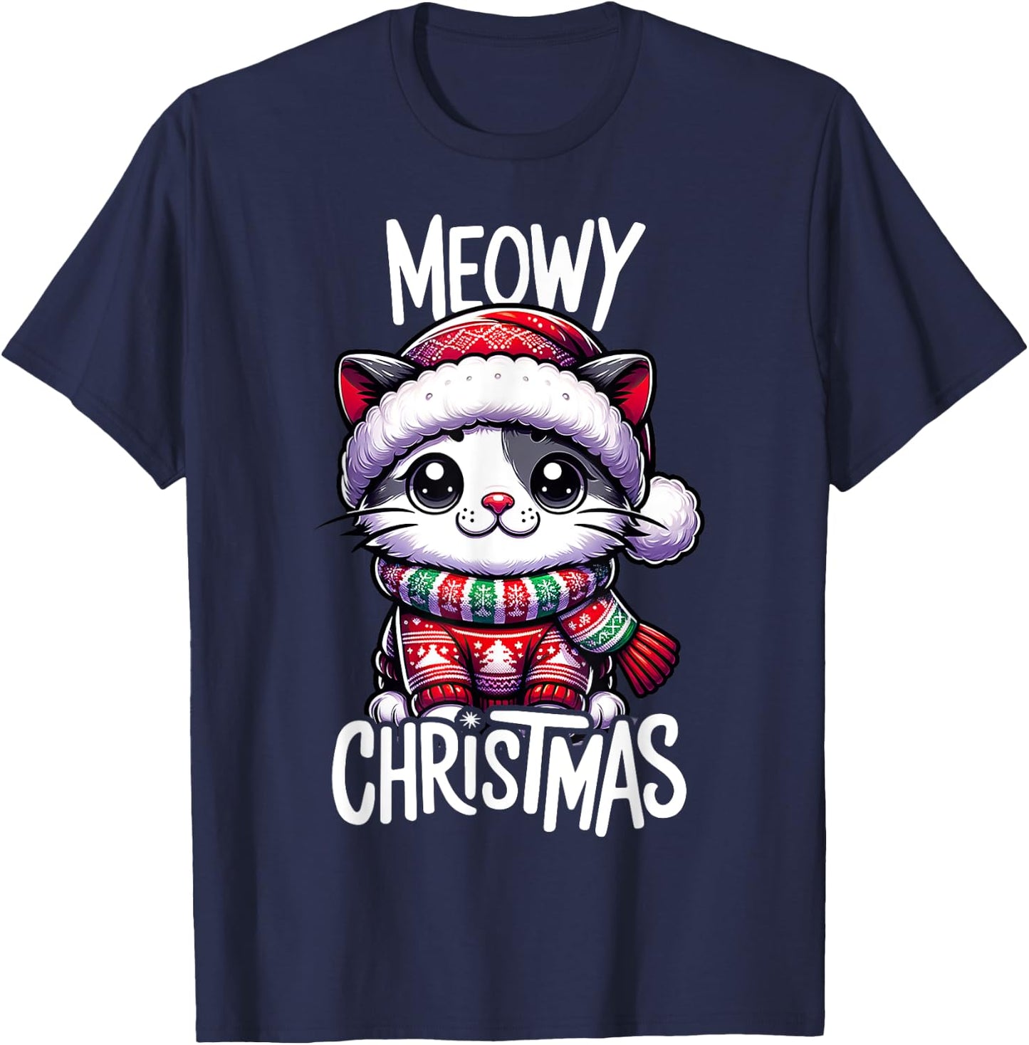 Meowy Christmas Cat Lover Funny Festive Holidays Cute Kitten T-Shirt - T-Shirt | Navy