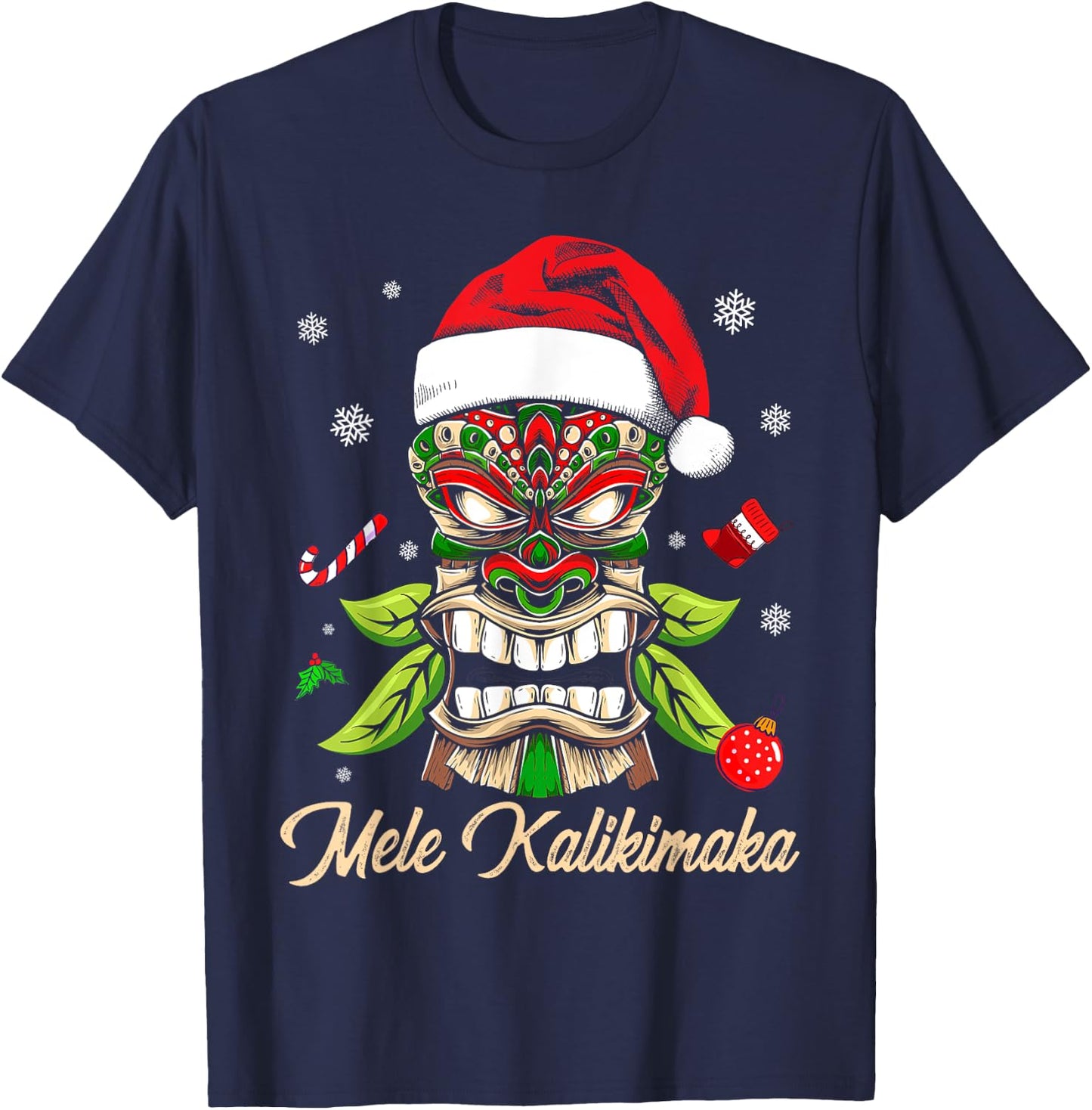 Tiki Mele Kalikimaka Hawaiian Merry Christmas Funny Gift T-Shirt - T-Shirt | Navy