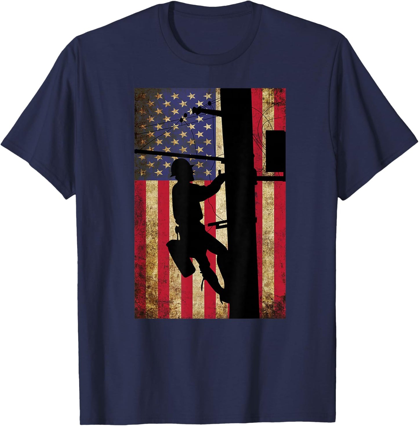Lineman American Flag Shirt | Electric Cable Lineman Gift T-Shirt - T-Shirt | Navy