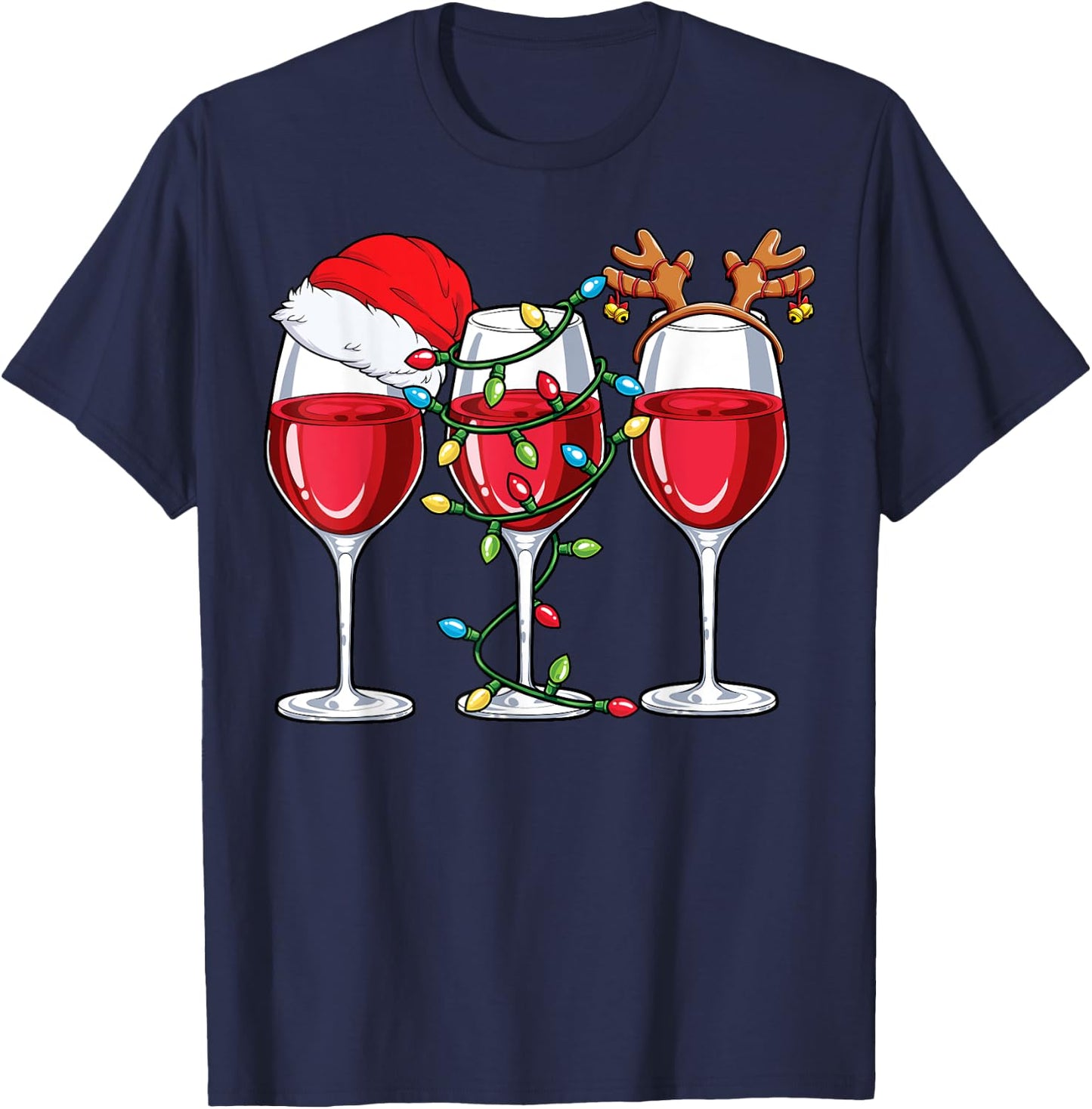 Wine Christmas Santa Hat Xmas Lights Reindeer Antlers Women T-Shirt - T-Shirt | Navy