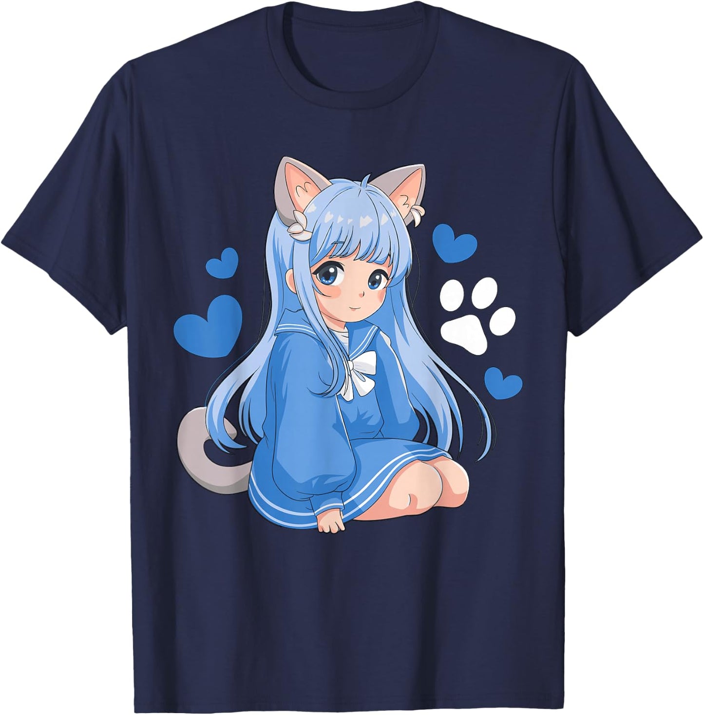 Magical and Funny Anime Girl Gifts -Kids Anime Cat Girl Black Small Classic Fit Short Sleeve Cotton Blend T-Shirt - T-Shirt | Navy