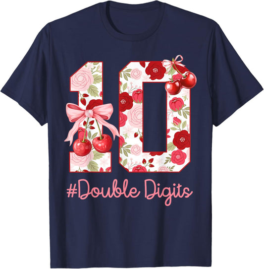 Birthday Girl 10th Birthday Cherry Coquette Bow 10 Year Old T-Shirt - T-Shirt | Navy