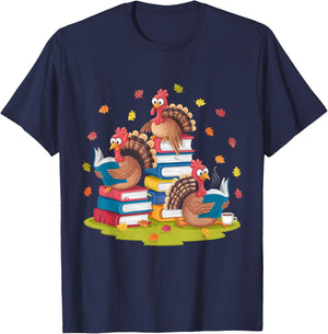 Turkey Reading Books Fall Season Thanksgiving Teacher Book T-Shirt - T-Shirt | Navy