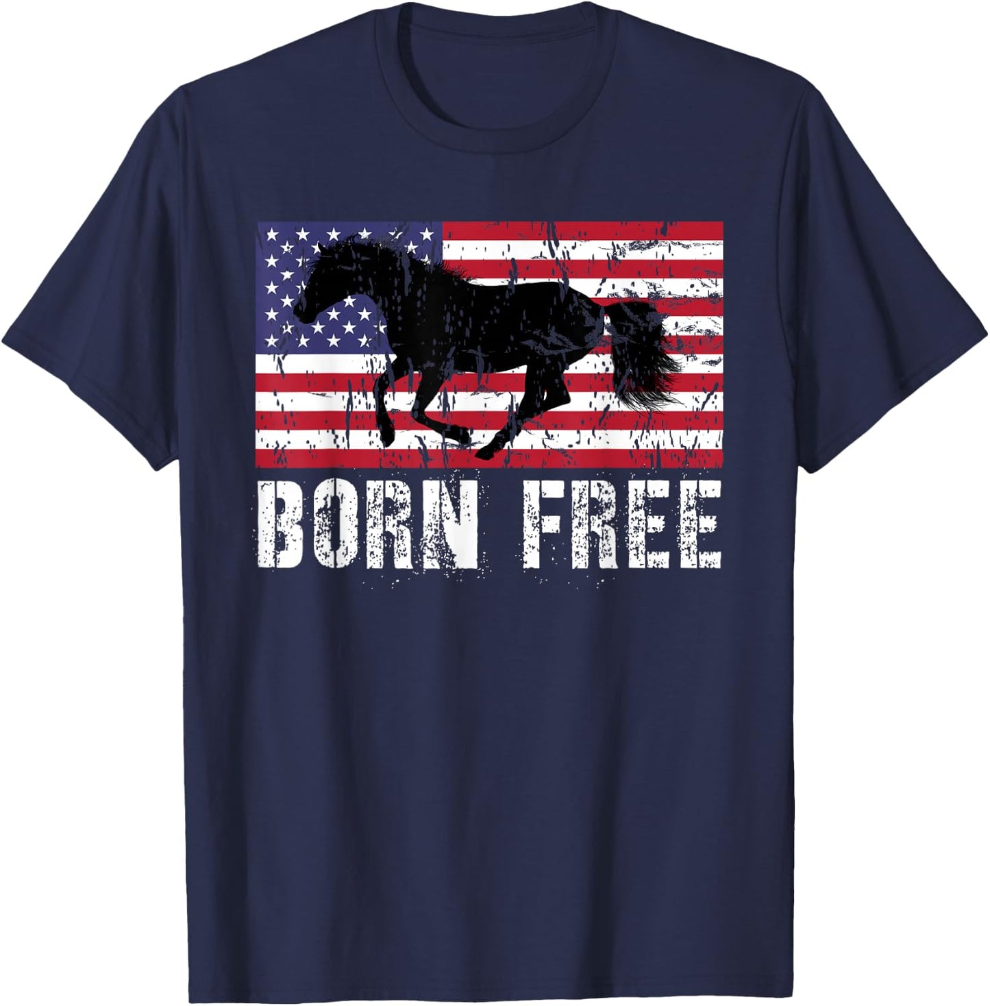 Vintage Born Free Horse American Flag Wild Mustang T-Shirt - T-Shirt | Navy