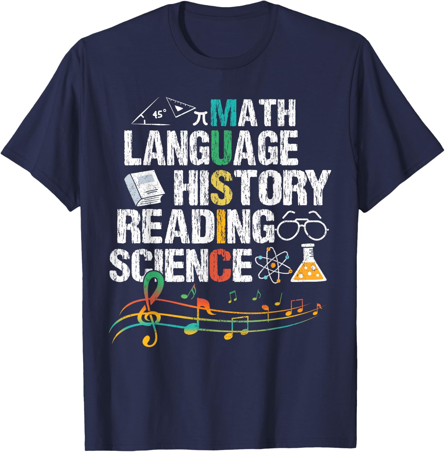 Music Math Language History Reading Science T-Shirt - T-Shirt | Navy