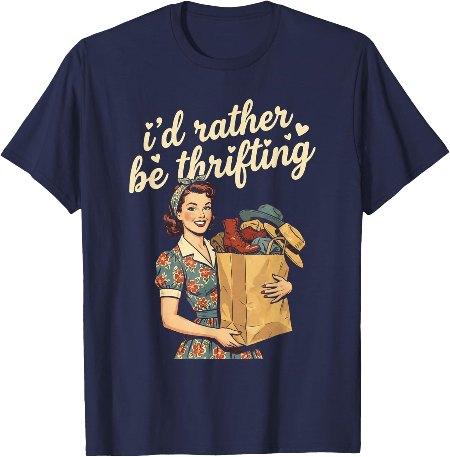 I'd Rather Be Thrifting Retro Woman Vintage Shopping T-Shirt - T-Shirt | Navy