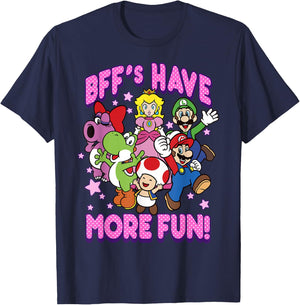 Super Mario BFF's Have More Fun Colorful Group Shot T-Shirt - T-Shirt | Navy