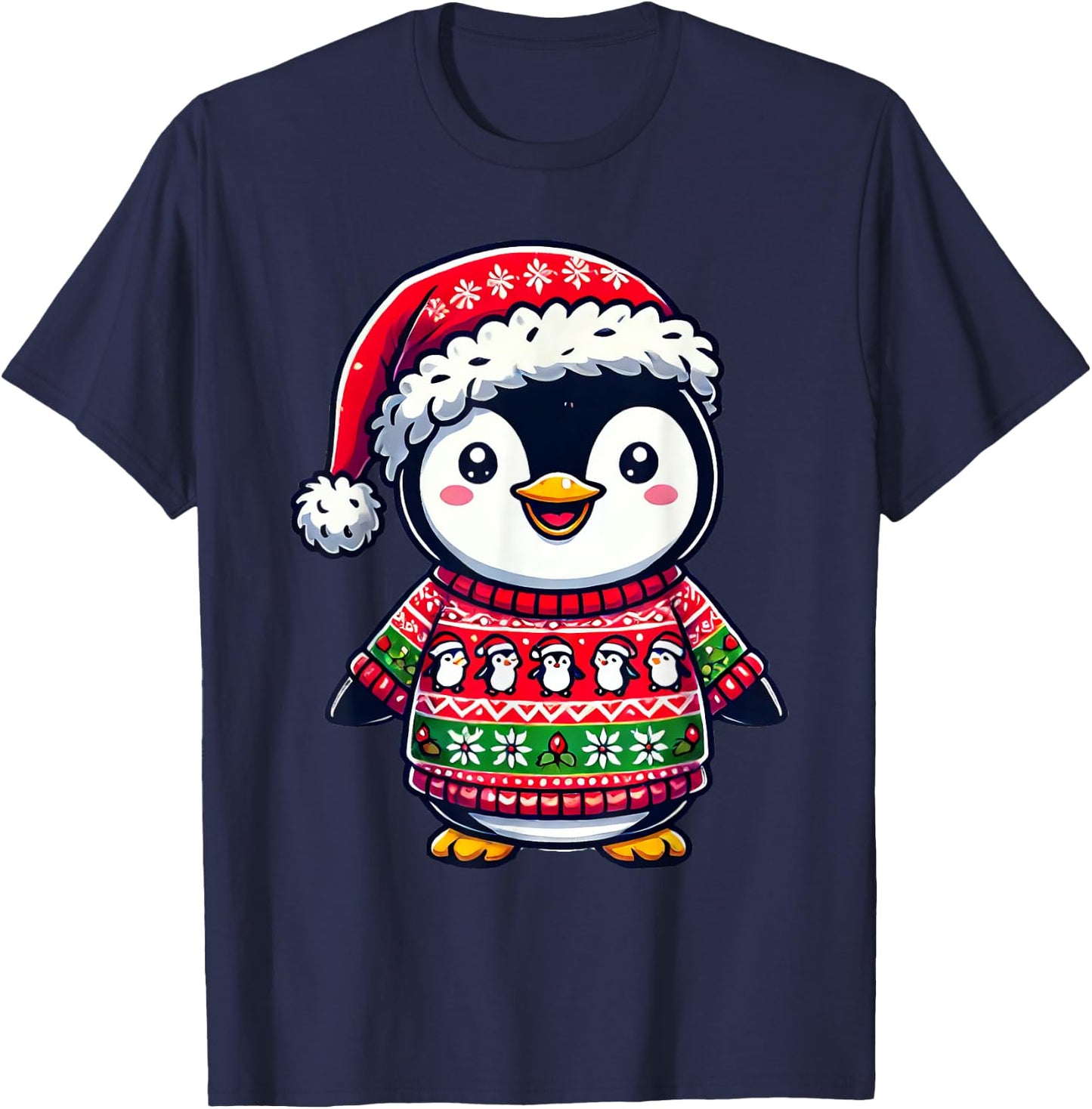 Penguin Ugly Sweater Santa Hat Christmas T-Shirt - T-Shirt | Navy