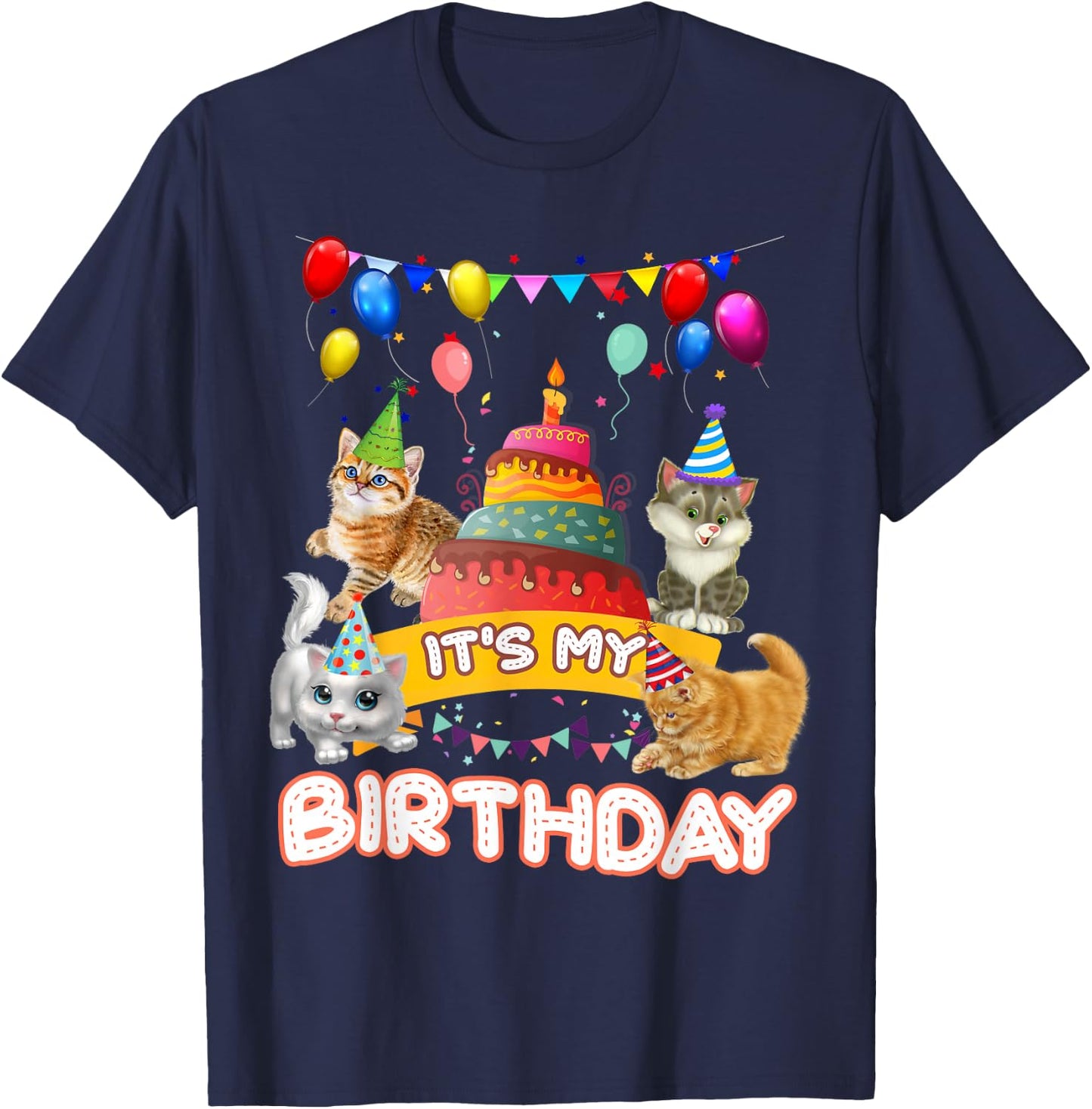 It's My Birthday Cat and Kitten Party Day Girl's and Boy's Small T-Shirt - T-Shirt | Navy