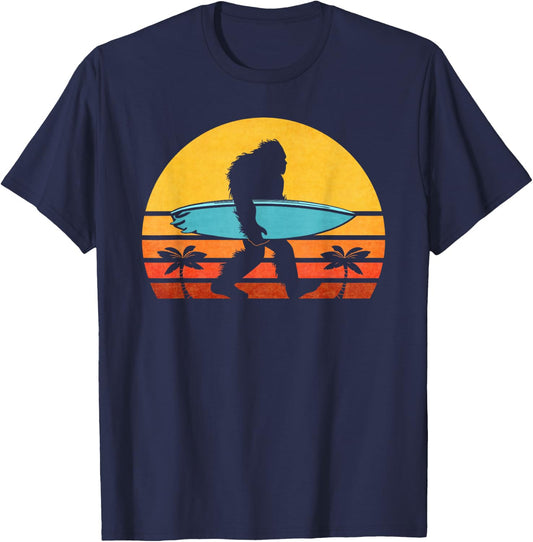 Bigfoot Retro Surfing , Tropical Sasquatch Surfer T-Shirt - T-Shirt | Navy