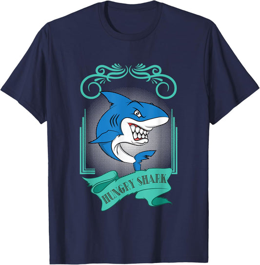 Trendy Shark Design Hungry Shark T-Shirt - T-Shirt | Navy