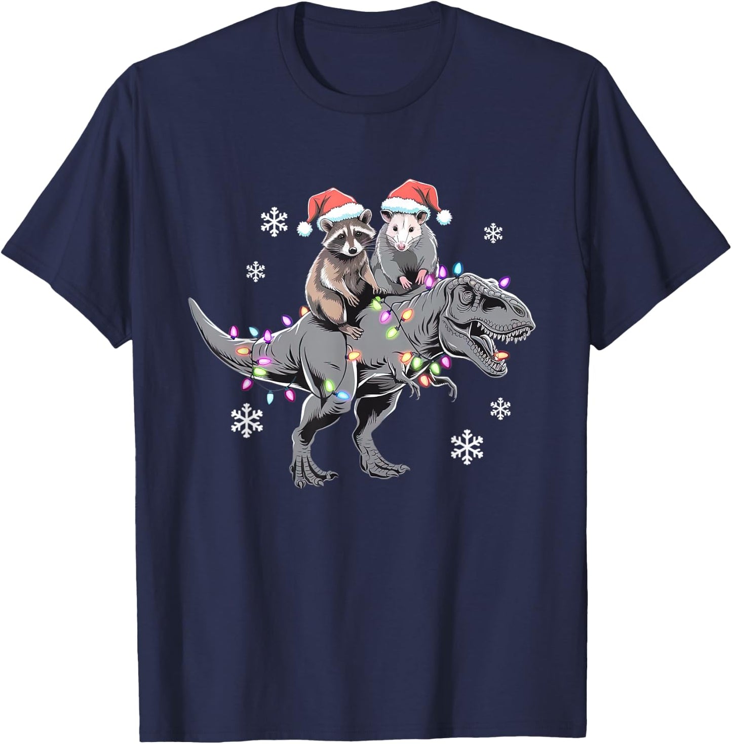 Funny Raccoon & Opossum Riding Dinosaur T-Rex Christmas T-Shirt - T-Shirt | Navy