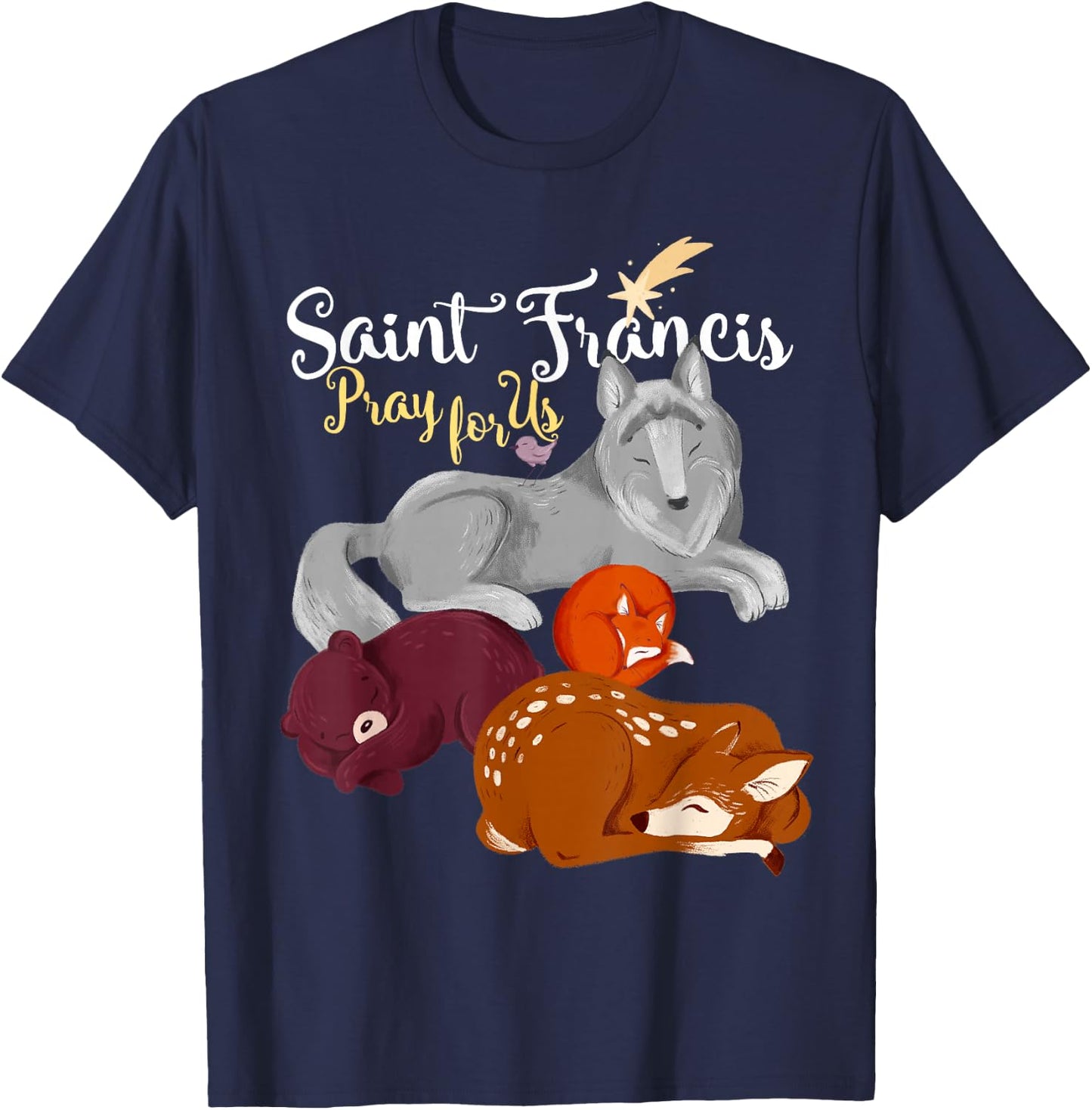 Saint Francis of Assisi Patron of Animals Wolf Animal Lover T-Shirt - T-Shirt | Navy