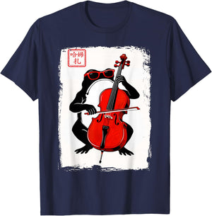 Funny Frog Playing Red Cello Sunglasses Japanese Ink Style T-Shirt - T-Shirt | Navy
