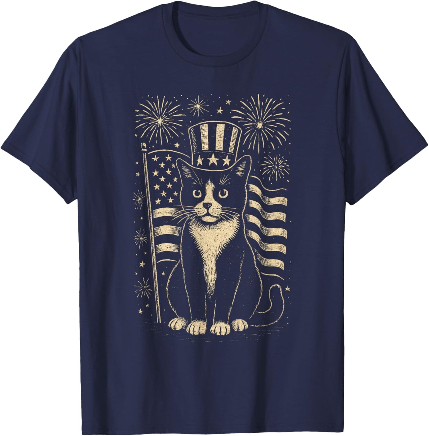 Vintage Tuxedo Cat 4th of July Patriotic Hat and Fireworks T-Shirt - T-Shirt | Navy