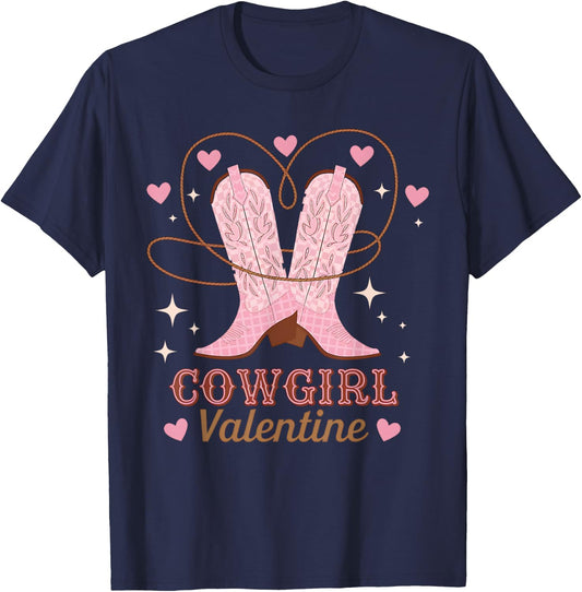 Cowgirl Valentine Pink Boots Country Y2K Girls Valentine Day T-Shirt - T-Shirt | Navy