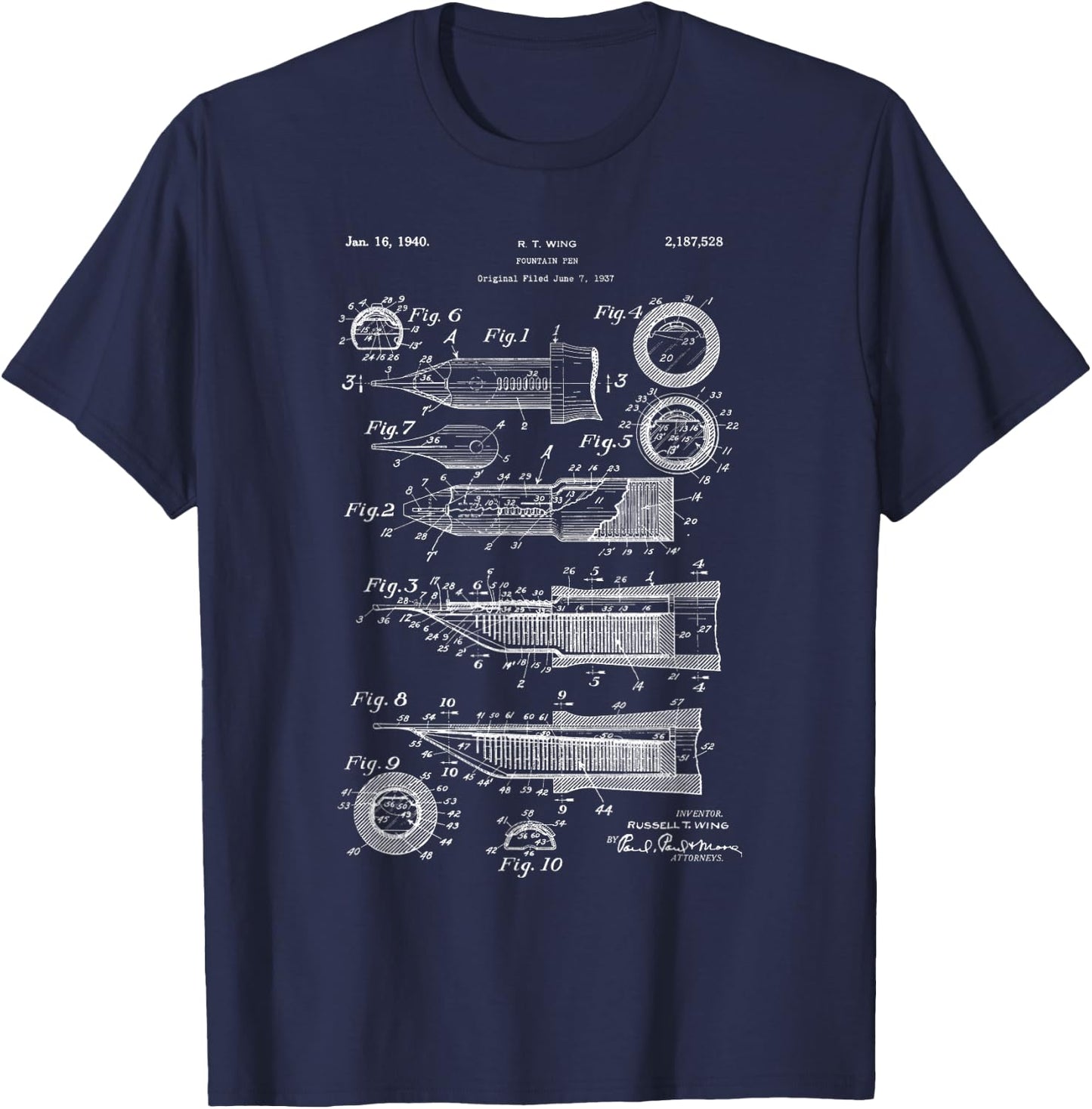 Vintage Patent Drawing Fountain Pen T-Shirt - T-Shirt | Navy