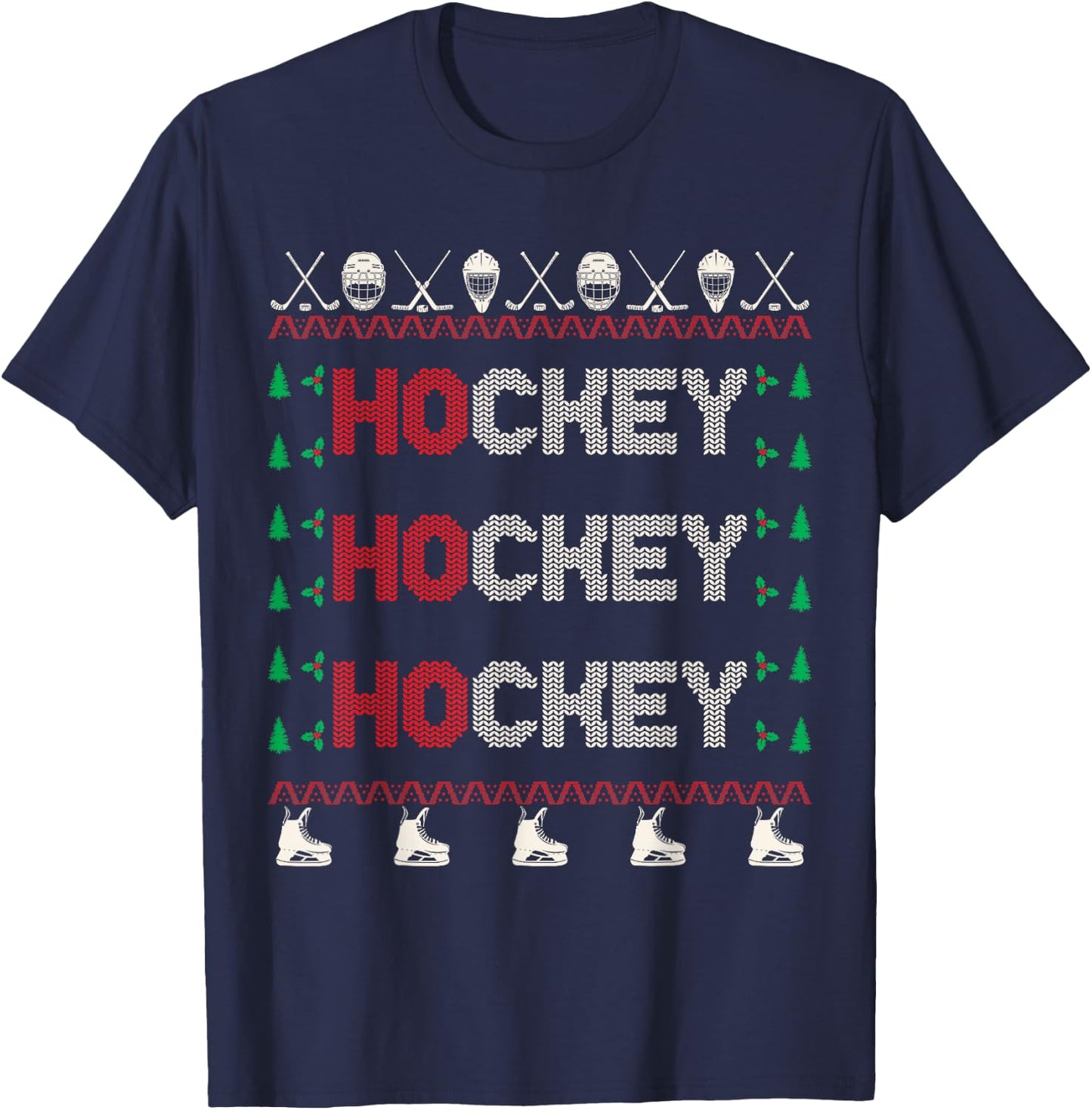 Ho Ho Ho Hockey Ugly Christmas Sweater T-Shirt - T-Shirt | Navy