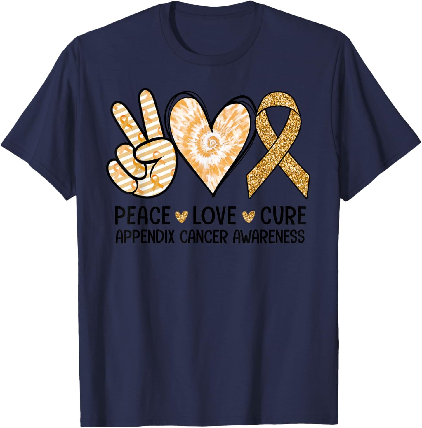 Retro Peace Love Cure Amber Ribbon Appendix Cancer Awareness T-Shirt - T-Shirt | Navy