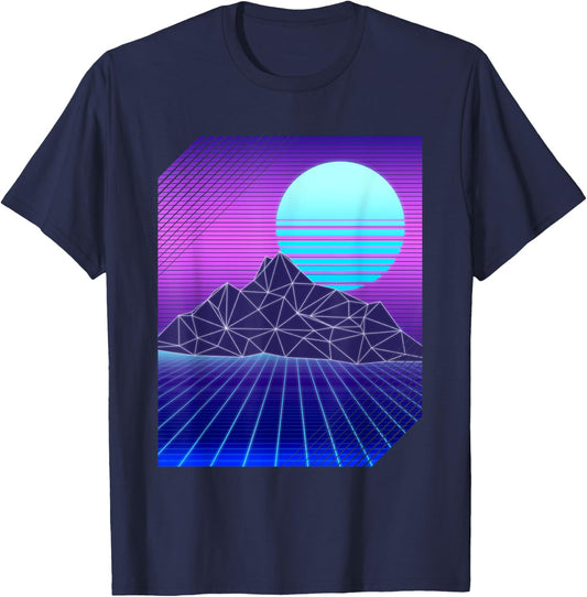 Vaporwave Aesthetic Moon Mountains Landscape Cool Art T-Shirt - T-Shirt | Navy