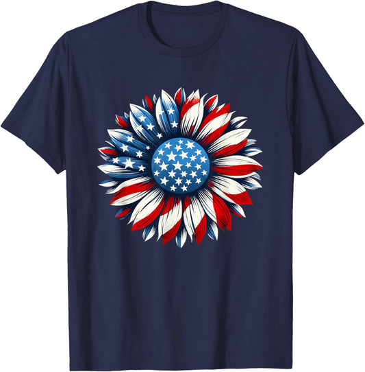 Sunflower American Flag 4th of July Men Women T-Shirt - T-Shirt | Navy