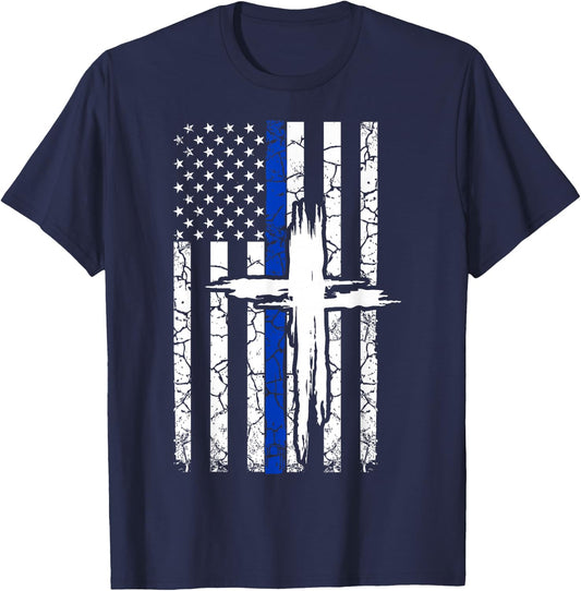 Thin Blue Line T Shirt with a Cross for Policemen & Families T-Shirt - T-Shirt | Navy