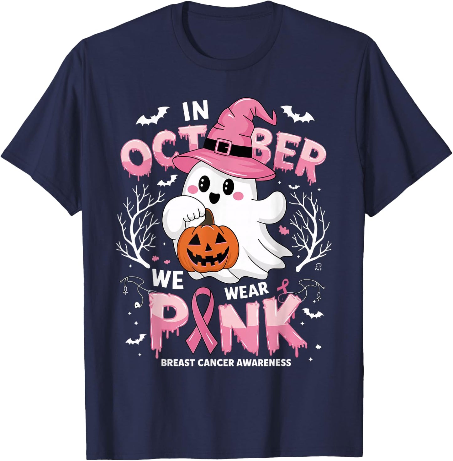 In October We Wear Pink shirt Ghost Breast Cancer Awareness T-Shirt - T-Shirt | Navy