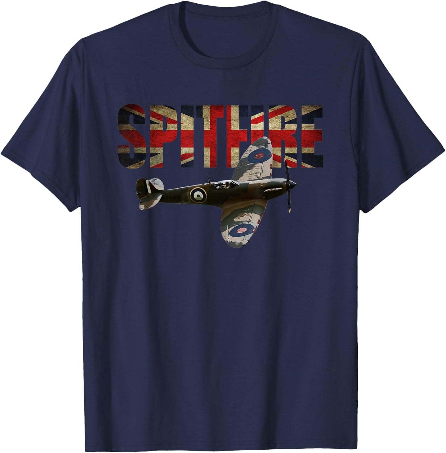 Spitfire Raf Supermarine Ww2 Fighter Plane Union Jack T-Shirt - T-Shirt | Navy