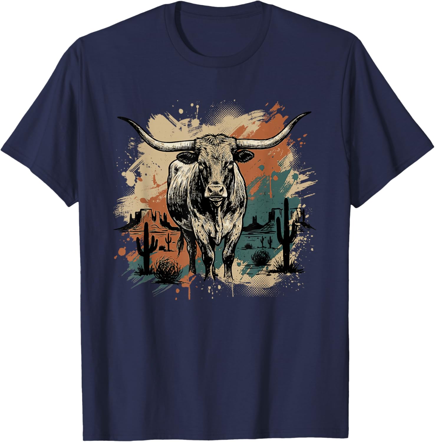 Western Longhorn Bull Vintage Cowboy Cowgirl Country Music T-Shirt - T-Shirt | Navy