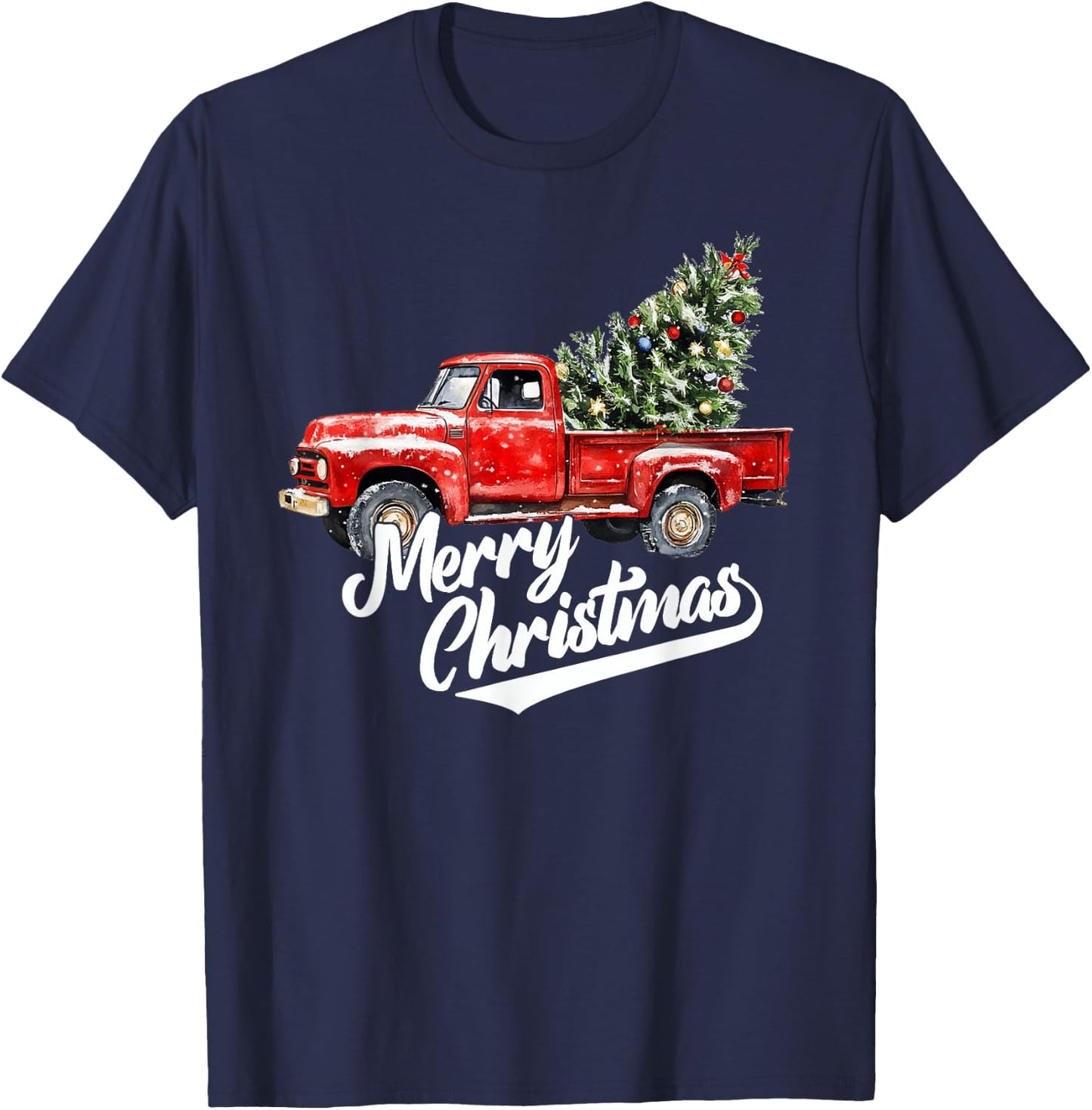 Red Pickup Truck Christmas Tree Vintage old men T-Shirt - T-Shirt | Navy