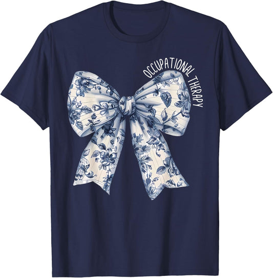 Blue Coquette Bow Floral Occupational Therapy OT Therapist T-Shirt - T-Shirt | Navy