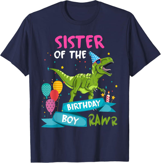 Sister of the Birthday Boy TRex Matching Dinosaur Rawr Party T-Shirt - T-Shirt | Navy