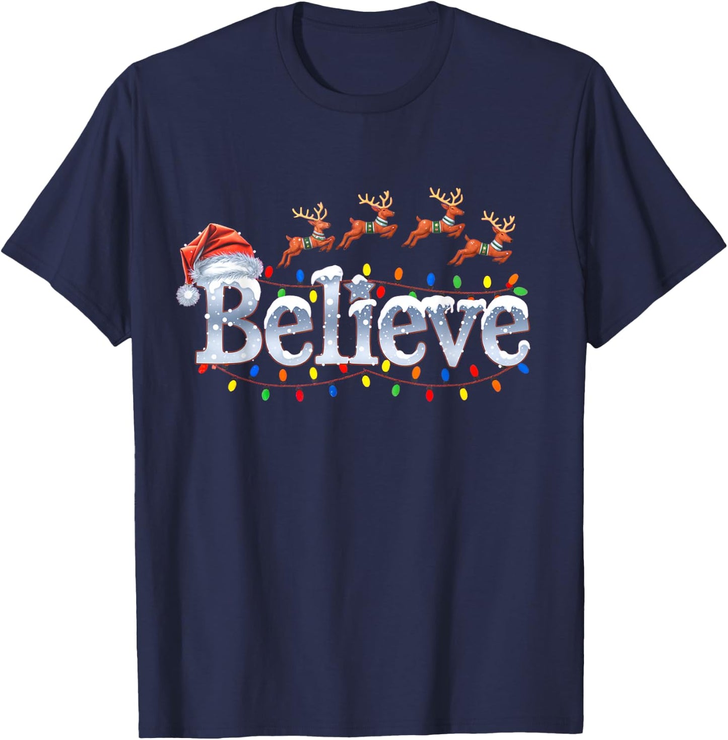 Christmas Believe Santa Claus Hat Reindeers Xmas Lights T-Shirt - T-Shirt | Navy